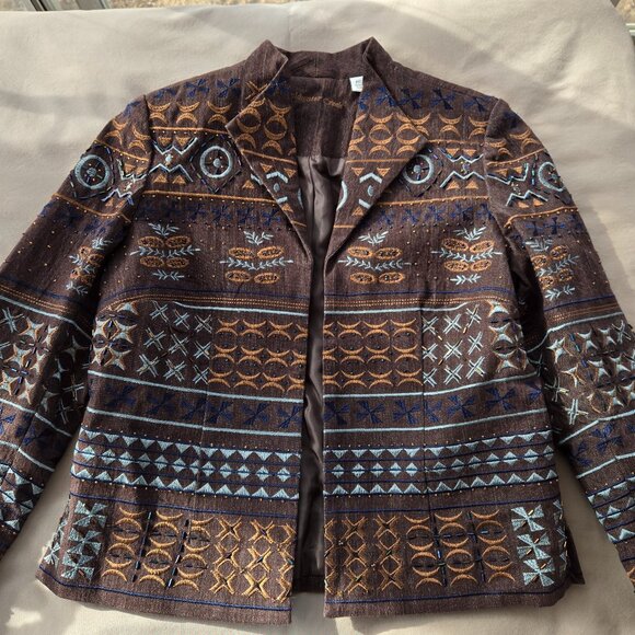 Coldwater Creek Brown Embroidered Beaded Blazer Jacket Aztec - Picture 2 of 10